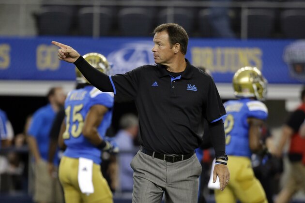UCLA head coach Jim Mora instructs his team in warm ups before an NCAA college football game against Texas, Saturday, Sept. 13, 2014, in Arlington, Texas. (AP Photo/Tony Gutierrez)