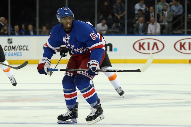 NEW YORK, NY - SEPTEMBER 29:  Anthony Duclair #63 of the New York Rangers skates against the Philadelphia Flyers at Madison Square Garden on September 29, 2014 in New York City.  (Photo by Bruce Bennett/Getty Images)