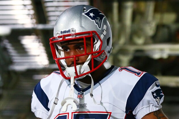 January 19, 2014; Denver, CO, USA; New England Patriots wide receiver Aaron Dobson against the Denver Broncos in the 2013 AFC Championship football game at Sports Authority Field at Mile High. Mandatory Credit: Mark J. Rebilas-USA TODAY Sports