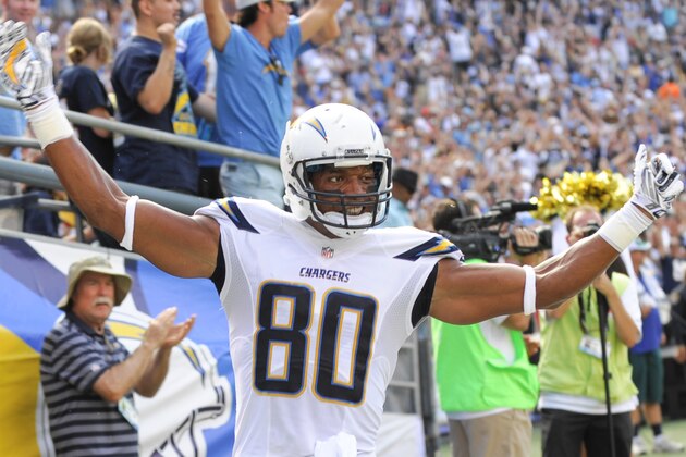 San Diego Chargers wide receiver Malcom Floyd celebrates his touchdown against the Jacksonville Jaguars during the second half of an NFL football game Sunday, Sept. 28, 2014, in San Diego.  (AP Photo/Denis Poroy)