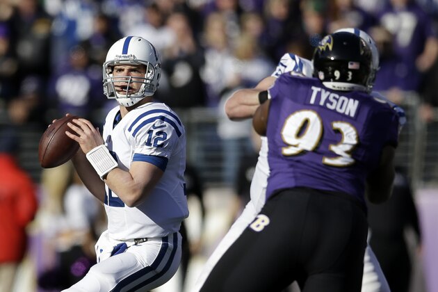 Indianapolis Colts quarterback Andrew Luck (12) looks for a receiver as he is pressured by Baltimore Ravens defensive end DeAngelo Tyson (93) during the first half of an NFL wild card playoff football game Sunday, Jan. 6, 2013, in Baltimore. (AP Photo/Patrick Semansky)