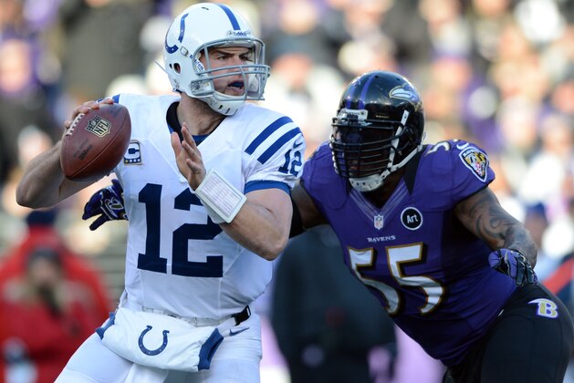 BALTIMORE, MD - JANUARY 06: Quarterback Andrew Luck #12 of the Indianapolis Colts is hit by linebacker Terrell Suggs #55 of the Baltimore Ravens during the AFC Wild Card Playoff Game at M&T Bank Stadium on January 6, 2013 in Baltimore, Maryland. (Photo by Patrick Smith/Getty Images)
