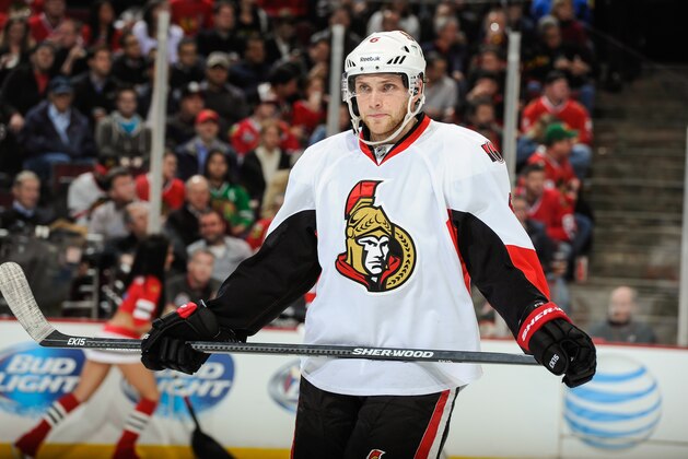CHICAGO, IL - OCTOBER 29: Bobby Ryan #6 of the Ottawa Senators looks across the ice during the NHL game against the Chicago Blackhawks on October 29, 2013 at the United Center in Chicago, Illinois. (Photo by Bill Smith/NHLI via Getty Images)