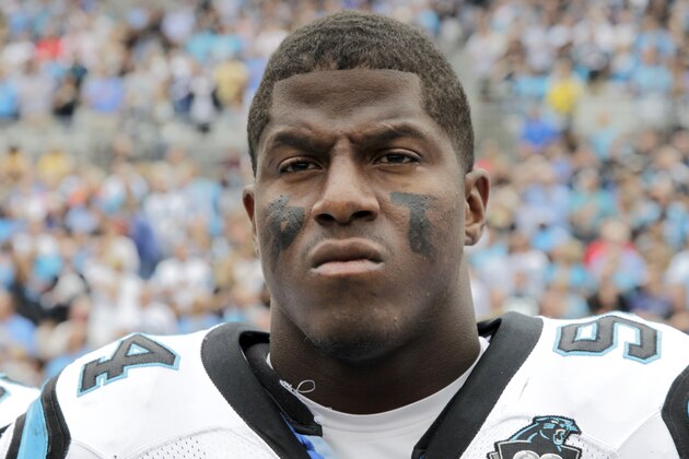 Carolina Panthers' Kony Ealy (94) before an NFL football game against the Detroit Lions in Charlotte, N.C., Sunday Sept. 14, 2014. The Panthers won 24-7. (AP Photo/Bob Leverone)