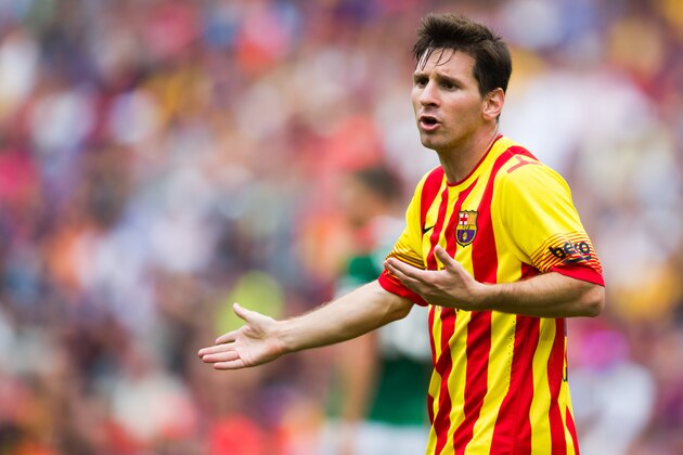 BARCELONA, SPAIN - SEPTEMBER 13: Lionel Messi of FC Barcelona gestures during the La Liga match between FC Barcelona and Athletic Club at Camp Nou on September 13, 2014 in Barcelona, Spain. (Photo by Alex Caparros/Getty Images)