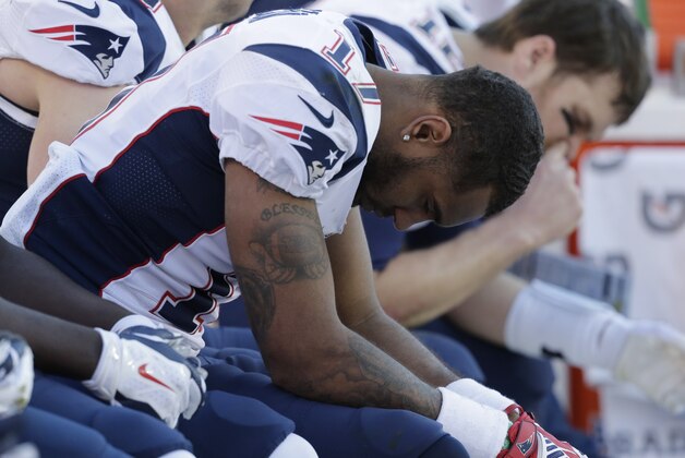 New England Patriots wide receiver Aaron Dobson (17) sits on the bench during the second half of the AFC Championship NFL playoff football game against the Denver Broncos in Denver, Sunday, Jan. 19, 2014. The Broncos defeated the Patriots 26-16 to advance to the Super Bowl. (AP Photo/Julie Jacobson)