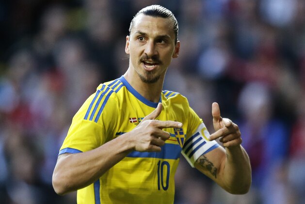 Sweden's Zlatan Ibrahimovic, gestures during the friendly soccer match against Denmark in Copenhagen on Wednesday, May 28, 2014. (AP Photo/POLFOTO, Jens Dresling)  DENMARK OUT