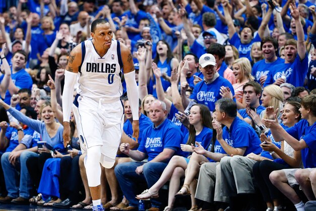 Apr 26, 2014; Dallas, TX, USA; Dallas Mavericks forward Shawn Marion (0) reacts after scoring during the game against the San Antonio Spurs in game three of the first round of the 2014 NBA Playoffs at American Airlines Center. Dallas won 109-108. Mandatory Credit: Kevin Jairaj-USA TODAY Sports