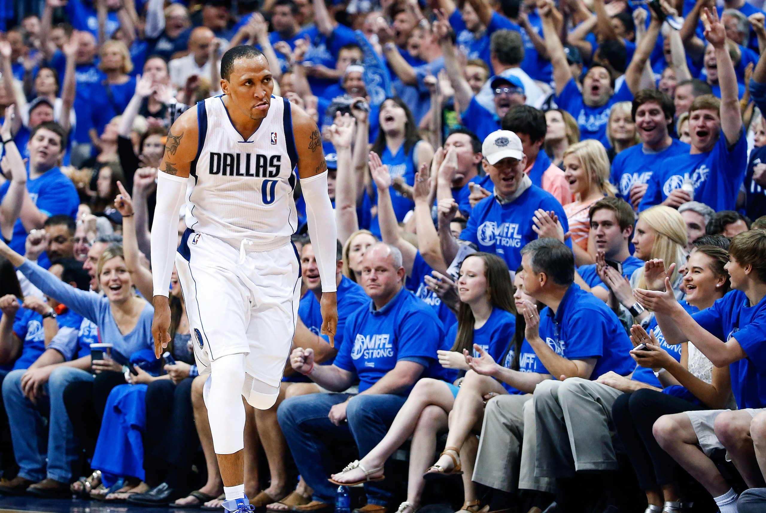 Apr 26, 2014; Dallas, TX, USA; Dallas Mavericks forward Shawn Marion (0) reacts after scoring during the game against the San Antonio Spurs in game three of the first round of the 2014 NBA Playoffs at American Airlines Center. Dallas won 109-108. Mandatory Credit: Kevin Jairaj-USA TODAY Sports