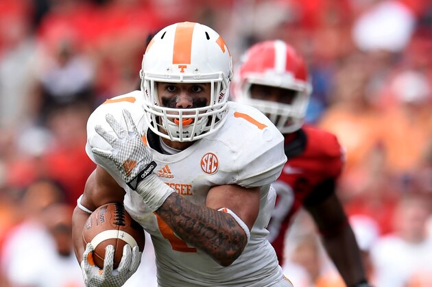 Sep 27, 2014; Athens, GA, USA; Tennessee Volunteers running back Jalen Hurd (1) runs against the Georgia Bulldogs during the second half at Sanford Stadium. Georgia defeated Tennessee 35-32. Mandatory Credit: Dale Zanine-USA TODAY Sports