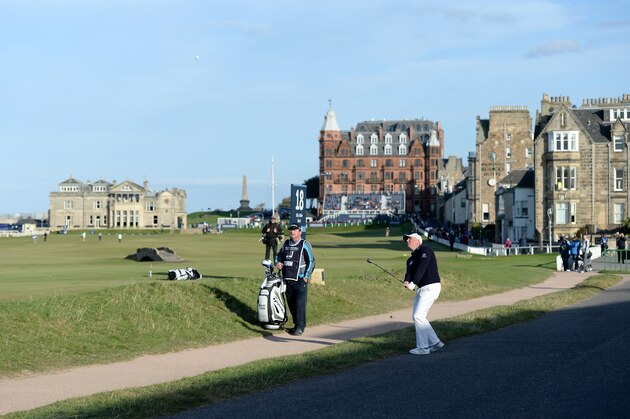 ST ANDREWS, SCOTLAND - OCTOBER 2: Graeme Storm of Scotland plays his third shot from the road on the 17th hole during the first round of the 2014 Alfred Dunhill Links Championship at The Old Course on October 2, 2014 in St Andrews, Scotland. (Photo by Ross Kinnaird/Getty Images)