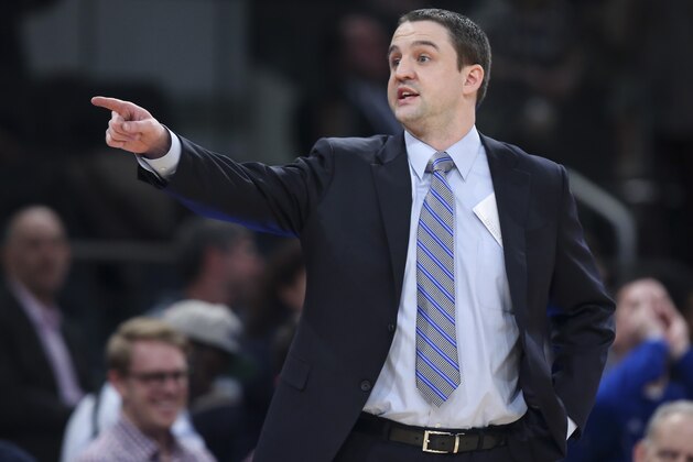Butler head coach Brandon Miller directs his players from the bench during the second half of an NCAA men's college basketball game against Seton Hall in the first round of the Big East basketball tournament at Madison Square Garden, Wednesday, March 12, 2014, in New York. Seton Hall defeated Butler, 51-50. (AP Photo/John Minchillo)