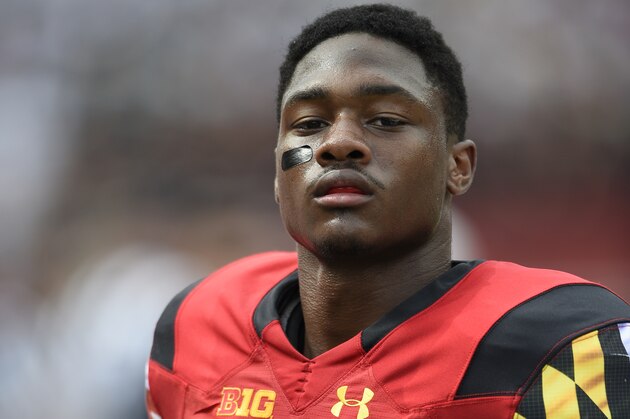 Maryland wide receiver Stefon Diggs (1) looks on before an NCAA football game against James Madison, Saturday, Aug. 30, 2014, in College Park, Md. Maryland won 52-7. (AP Photo/Nick Wass)