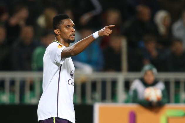 Everton's Samuel Eto'o gestures during the Europa League Group H soccer match between Krasnodar and Everton in Krasnodar, Russia, Thursday, Oct. 2, 2014. (AP Photo/Vitaly Timkiv)