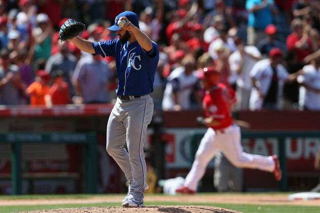 ANAHEIM, CA - MAY 25:  Relief pitcher Tim Collins #55 of the Kansas City Royals looks on after giving up a solo home run to Chris Iannetta of the Los Angeles Angels of Anaheim in the eigth inning at Angel Stadium of Anaheim on May 25, 2014 in Anaheim, California. The Angels defeated the Royals 4-3.  (Photo by Jeff Gross/Getty Images)