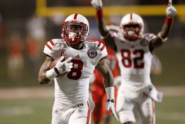 Sep 13, 2014; Fresno, CA, USA; Nebraska Cornhuskers running back Ameer Abdullah (8) runs for a 57 yard touchdown against the Fresno State Bulldogs in the first quarter at Bulldog Stadium. Mandatory Credit: Cary Edmondson-USA TODAY Sports