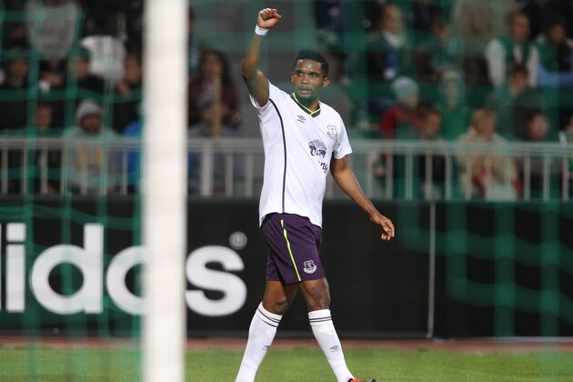 Everton's Samuel Eto'o reacts after scoring a goal during the Europa League Group H soccer match between Krasnodar and Everton in Krasnodar, Russia, Thursday, Oct. 2, 2014. (AP Photo/Vitaly Timkiv)