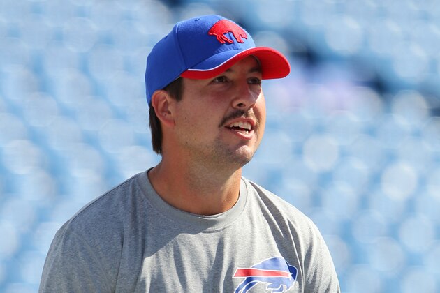 Buffalo Bills quarterback Kyle Orton warms up before an NFL football game against the Miami Dolphins on Sunday, Sept. 14, 2014, in Orchard Park, N.Y. (AP Photo/Bill Wippert)