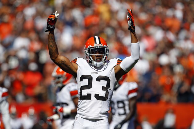 Cleveland Browns cornerback Joe Haden (23) calls for the crowd to yell during an NFL game against the Baltimore Ravens at the FirstEnergy Stadium in Cleveland on Sunday, Sept. 21, 2014. (Jeff Haynes/AP Images for Panini)
