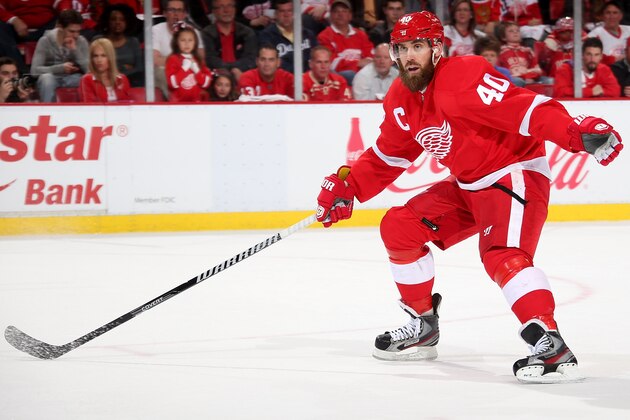 DETROIT, MI - APRIL 24: Henrik Zetterberg #40 of the Detroit Red Wings follows the play against the Boston Bruins of the First Round during the 2014 Stanley Cup Playoffs on April 24, 2014 at Joe Louis Arena in Detroit, Michigan. Bruins defeated Detroit 3-2 in OT (Photo by Dave Reginek/NHLI via Getty Images)