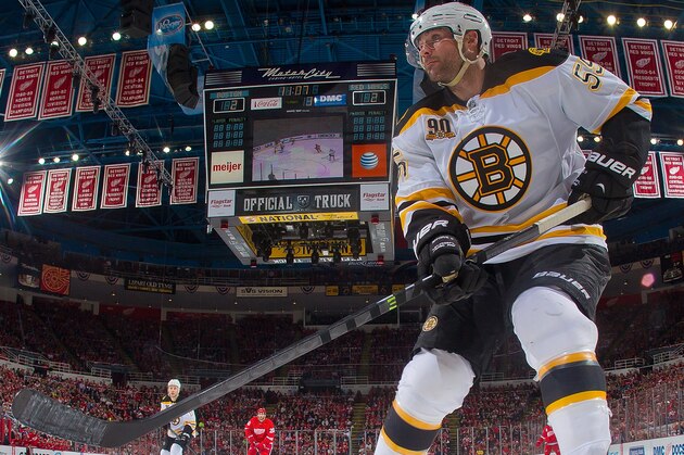 DETROIT, MI - APRIL 24: Johnny Boychuk #55 of the Boston Bruins follows the play against the Detroit Red Wings during Game Four of the First Round of the 2014 Stanley Cup Playoffs on April 24, 2014 at Joe Louis Arena in Detroit, Michigan. Bruins defeated Detroit 3-2 in OT (Photo by Dave Reginek/NHLI via Getty Images)