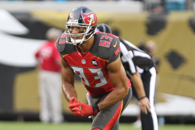 Receiver Vincent Jackson #83 of the Tampa Bay Buccaneers during a Pre-Season NFL football game against the Jacksonville Jaguars, Friday, Aug. 8, 2014, in Jacksonville, Fla. (Photo by Marc Serota/Panini/AP Images)