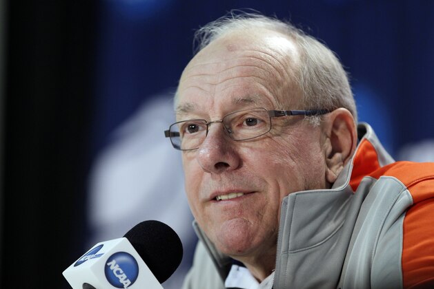 Syracuse head coach Jim Boeheim responds to questions during a news conference at the NCAA college basketball tournament in Buffalo, N.Y., Friday, March 21, 2014. Syracuse plays Dayton in a third-round game on Saturday. (AP Photo/Frank Franklin II)