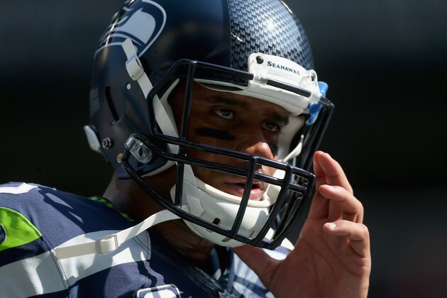 SEATTLE, WA - SEPTEMBER 21:  Quarterback Russell Wilson #3 of the Seattle Seahawks looks on against the Denver Broncos at CenturyLink Field on September 21, 2014 in Seattle, Washington.  (Photo by Jeff Gross/Getty Images)