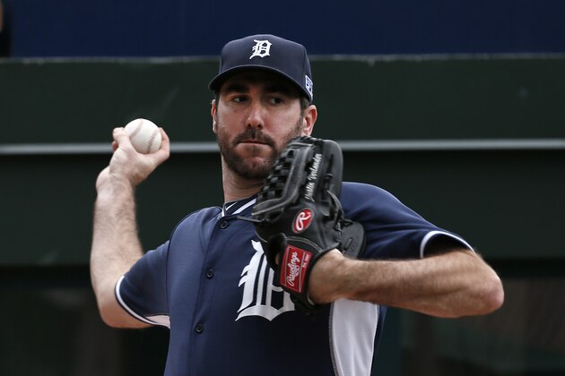 Detroit Tigers pitcher Justin Verlander throws during baseball practice in Detroit Tuesday, Sept. 30, 2014. The Detroit Tigers start the playoffs at the Baltimore Orioles in Game 1 of the American League Division Series Thursday. (AP Photo/Paul Sancya)