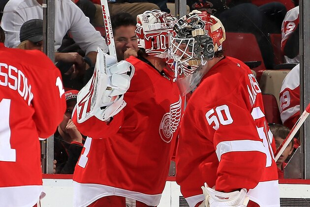 DETROIT, MI - DECEMBER 17: After three unanswered goals coach Mike Babcock (not pictured) of the Detroit Red Wings pulls goalie Jonas Gustavsson #50 and puts in Petr Mrazek #34 during an NHL game against the Anaheim Ducks at Joe Louis Arena on December 17, 2013 in Detroit, Michigan. (Photo by Dave Reginek/NHLI via Getty Images)