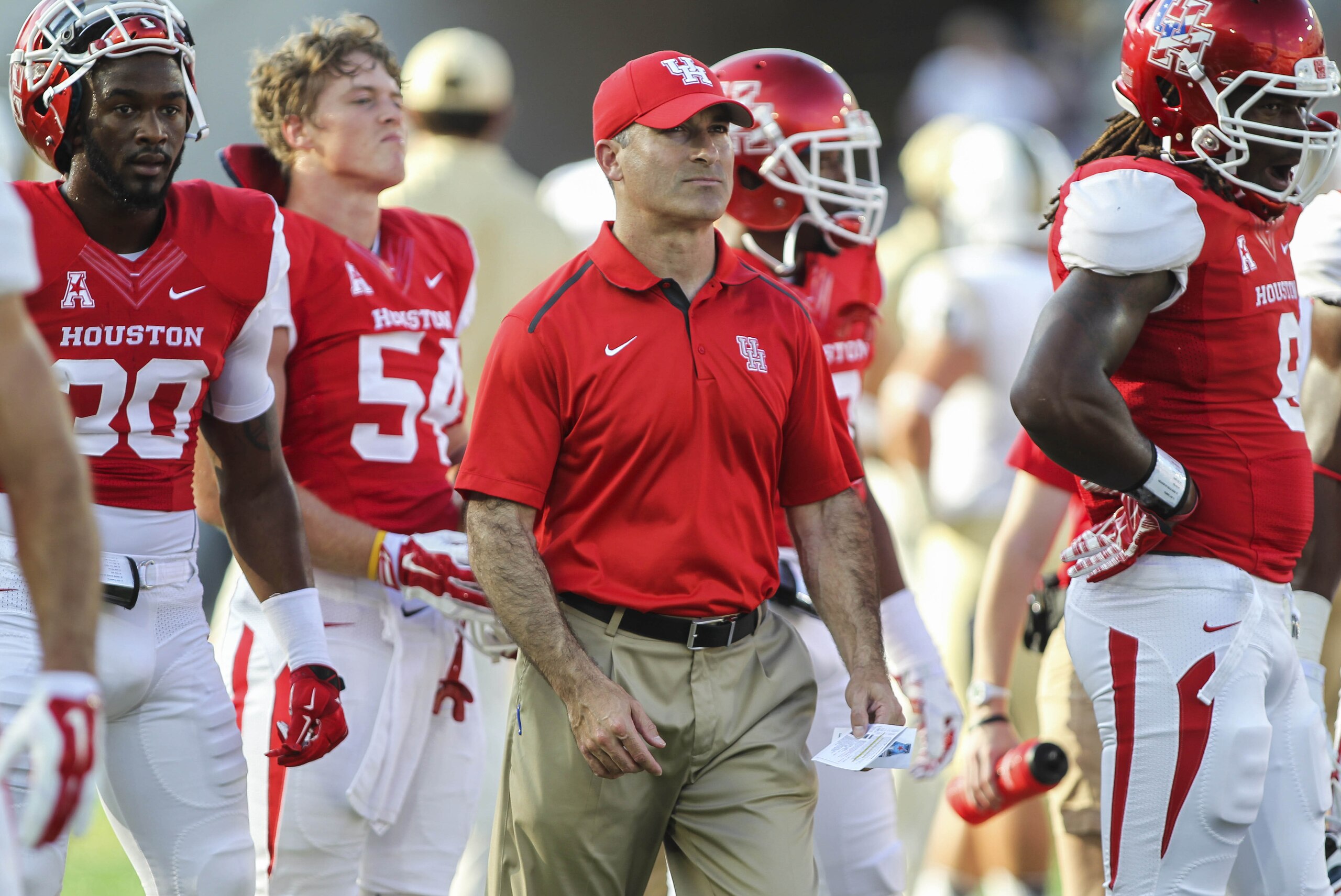 Oct 2, 2014; Houston, TX, USA; Houston Cougars head coach Tony Levine on the field before a game against the Central Florida Knights at TDECU Stadium. Mandatory Credit: Troy Taormina-USA TODAY Sports