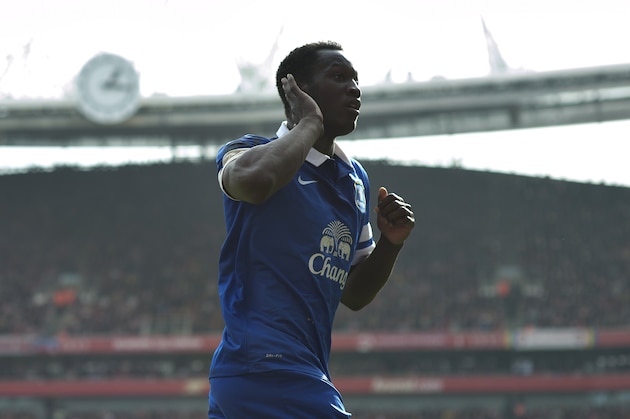 Everton's Romelu Lukaku celebrates after scoring against Arsenal, during their FA Cup quarterfinal soccer match, at Emirates Stadium, in London, Saturday, March 8, 2014. (AP Photo/Bogdan Maran)