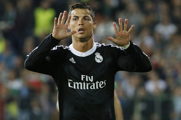 Real Madrid's Ronaldo celebrates his goal against Ludogorets during their Champions League group B soccer match at Vassil Levski stadium in Sofia, Wednesday, Oct. 1, 2014. (AP Photo)