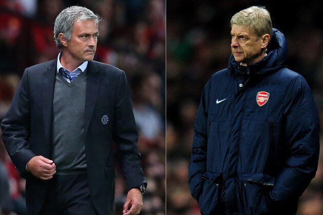 (FILE PHOTO - EDITORS NOTE: COMPOSITE OF TWO IMAGES - Image Numbers 177996036 (L) and 452339145) In this composite image a comparison has been made between Chelsea Manager Jose Mourinho (L) and Arsenal Manager Arsene Wenger. The Premier League match between Arsenal and Chelsea takes place on December 23, 2013 at the Emirates Stadium, London, England. ***LEFT IMAGE*** MANCHESTER, ENGLAND - AUGUST 26: Chelsea Manager Jose Mourinho looks on during the Barclays Premier League match between Manchester United and Chelsea at Old Trafford on August 26, 2013 in Manchester, England. (Photo by Alex Livesey/Getty Images) ***RIGHT IMAGE*** LONDON, ENGLAND - NOVEMBER 26: Manager Arsene Wenger of Arsenal looks on during the UEFA Champions League Group F match between Arsenal and Olympique de Marseille at Emirates Stadium on November 26, 2013 in London, England. (Photo by Shaun Botterill/Getty Images)