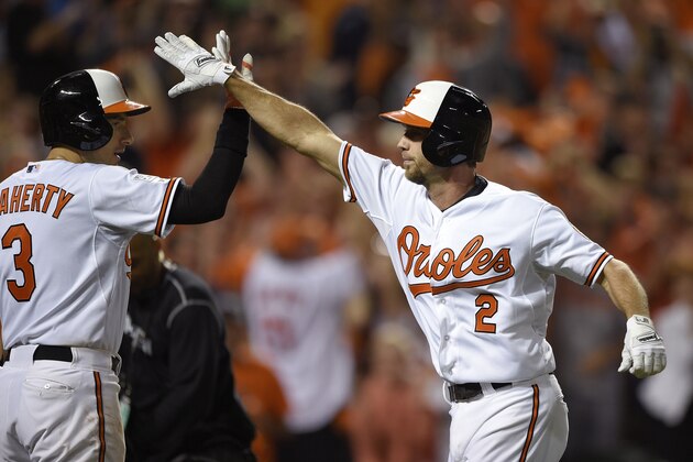 Baltimore Orioles' J.J. Hardy (2) is met at the plate by Ryan Flaherty (3) after his solo home run in the seventh inning against the Detroit Tigers during Game 1 of baseball's AL Division Series, Thursday, Oct. 2, 2014, in Baltimore. (AP Photo/Nick Wass)