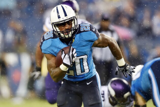 Aug 28, 2014; Nashville, TN, USA; Tennessee Titans running back Bishop Sankey (20) carries the ball against the Minnesota Vikings during the first half at LP Field. Mandatory Credit: Don McPeak-USA TODAY Sports