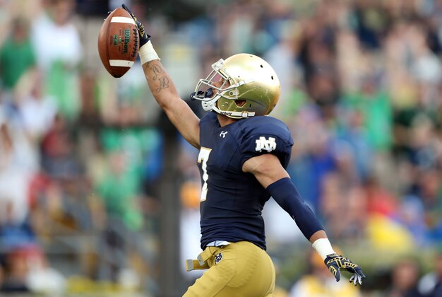 Aug 30, 2014; South Bend, IN, USA; Notre Dame Fighting Irish wide receiver Will Fuller (7) reacts after catching a pass for a 75 yard touchdown against the Rice Owls at Notre Dame Stadium. Mandatory Credit: Brian Spurlock-USA TODAY Sports