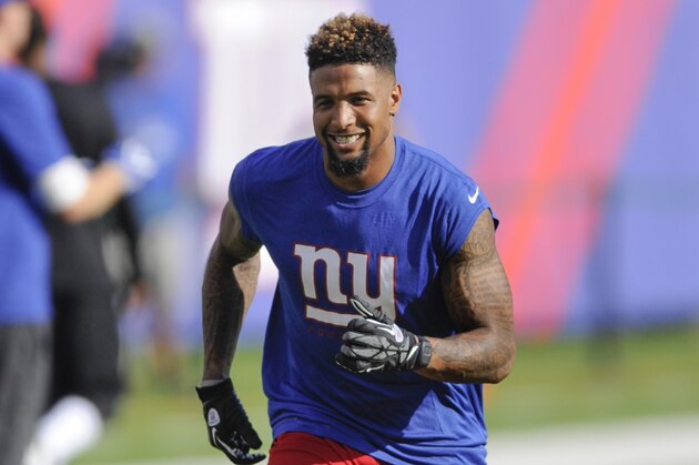 New York Giants wide receiver Odell Beckham warms up before an NFL football game against the Pittsburgh Steelers, Saturday, Aug. 9, 2014, in East Rutherford, N.J. (AP Photo/Bill Kostroun)