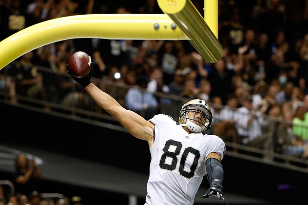 NEW ORLEANS, LA - AUGUST 15:  Jimmy Graham #80 of the New Orleans Saints celebrates a touchdown during a preseason game against the Tennessee Titans at the Mercedes-Benz Superdome on August 15, 2014 in New Orleans, Louisiana.  (Photo by Stacy Revere/Getty Images)