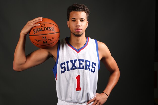 Sep 29, 2014; Philadelphia, PA, USA; Philadelphia 76ers guard Michael Carter-Williams (1) during media day at the Wells Fargo Center. Mandatory Credit: Bill Streicher-USA TODAY Sports