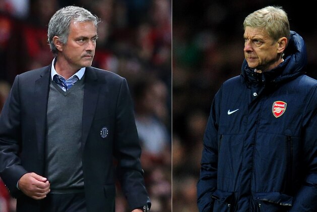 (FILE PHOTO - EDITORS NOTE: COMPOSITE OF TWO IMAGES - Image Numbers 177996036 (L) and 452339145) In this composite image a comparison has been made between Chelsea Manager Jose Mourinho (L) and Arsenal Manager Arsene Wenger. The Premier League match between Arsenal and Chelsea takes place on December 23, 2013 at the Emirates Stadium, London, England. ***LEFT IMAGE*** MANCHESTER, ENGLAND - AUGUST 26: Chelsea Manager Jose Mourinho looks on during the Barclays Premier League match between Manchester United and Chelsea at Old Trafford on August 26, 2013 in Manchester, England. (Photo by Alex Livesey/Getty Images) ***RIGHT IMAGE*** LONDON, ENGLAND - NOVEMBER 26: Manager Arsene Wenger of Arsenal looks on during the UEFA Champions League Group F match between Arsenal and Olympique de Marseille at Emirates Stadium on November 26, 2013 in London, England. (Photo by Shaun Botterill/Getty Images)