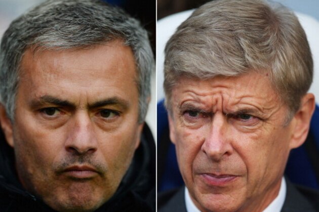 (FILE PHOTO - EDITORS NOTE: COMPOSITE OF TWO IMAGES - Image Numbers 186970818 (L) and 185913816) In this composite image a comparison has been made between Chelsea Manager Jose Mourinho (L) and Arsenal Manager Arsene Wenger. The Premier League match between Arsenal and Chelsea takes place on December 23, 2013 at the Emirates Stadium, London, England. ***LEFT IMAGE*** NEWCASTLE UPON TYNE, ENGLAND - NOVEMBER 02: Chelsea manager Jose Mourinho watches on during the Barclays Premier League match between Newcastle United and Chelsea at St James' Park on November 02, 2013 in Newcastle upon Tyne, England. (Photo by Mark Runnacles/Getty Images)  ***RIGHT IMAGE*** LONDON, ENGLAND - OCTOBER 26: Arsene Wenger, manager of Arsenal looks on during the Barclays Premier League match between Crystal Palace and Arsenal at Selhurst Park on October 26, 2013 in London, England. (Photo by Clive Rose/Getty Images)