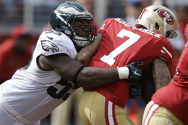 Philadelphia Eagles linebacker Brandon Graham sacks San Francisco 49ers quarterback Colin Kaepernick (7) during the first half of an NFL football game in Santa Clara, Calif., Sunday, Sept. 28, 2014. (AP Photo/Ben Margot)