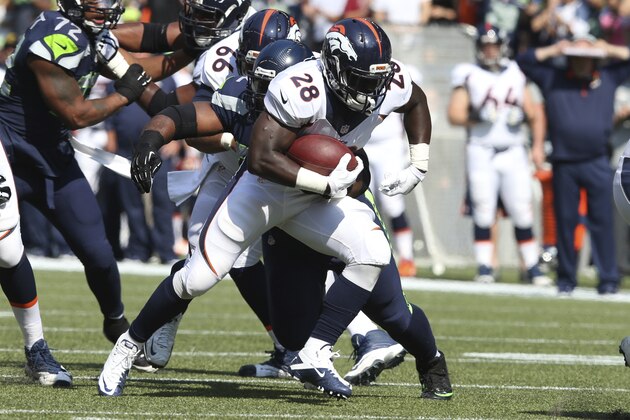 Denver Broncos RB Montee Ball #28 in action during the first quarter in the game  against The Seattle Seahawks at CenturyLink Field during an NFL  game in Seattle on Sunday Sept. 21, 2014. (AP Photo/David Seelig)