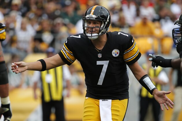 Pittsburgh Steelers quarterback Ben Roethlisberger (7) questions a call by an official during the second half of an NFL football game against the Tampa Bay Buccaneers on Sunday, Sept. 28, 2014 in Pittsburgh. (AP Photo/Gene J. Puskar)