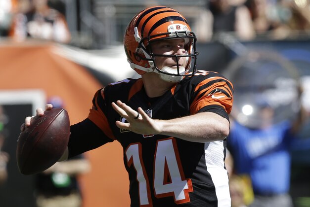 Cincinnati Bengals quarterback Andy Dalton passes against the Tennessee Titans in the first half of an NFL football game, Sunday, Sept. 21, 2014, in Cincinnati. (AP Photo/Al Behrman)