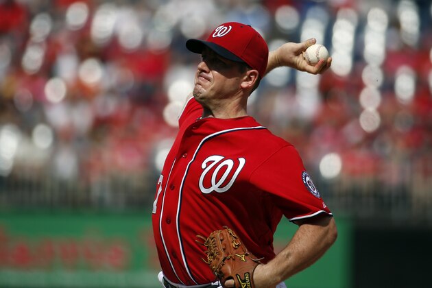 Washington Nationals starting pitcher Jordan Zimmermann (27) throws during a baseball game against the Miami Marlins at Nationals Park, Sunday, Sept. 28, 2014, in Washington. Zimmermann pitched a no-hitter, and the Nationals won 1-0.(AP Photo/Alex Brandon)