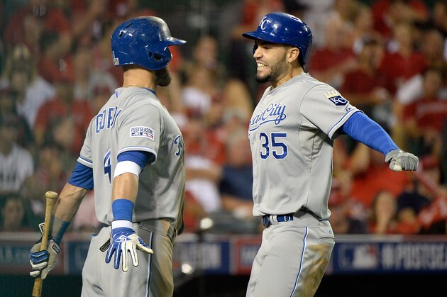 ANAHEIM, CA - OCTOBER 03: Eric Hosmer #35 celebrates with Alex Gordon #4 of the Kansas City Royals after hitting a two-run home run in the elventh inning against the Los Angeles Angels during Game Two of the American League Division Series at Angel Stadium of Anaheim on October 3, 2014 in Anaheim, California.  (Photo by Harry How/Getty Images)