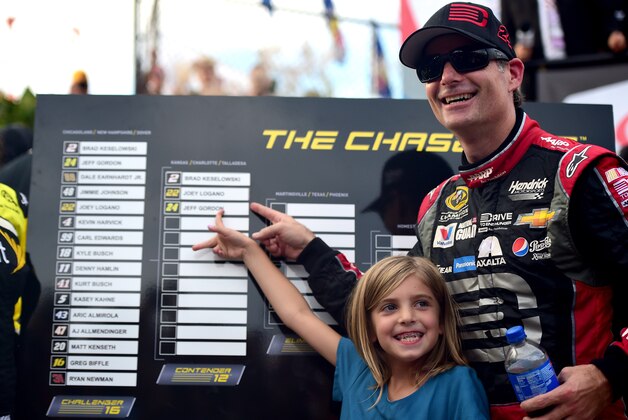 DOVER, DE - SEPTEMBER 28:  Jeff Gordon, driver of the #24 Drive To End Hunger Chevrolet, points to the Chase Grid with daughter Ella in Victory Lane after winning the NASCAR Sprint Cup Series AAA 400 at Dover International Speedway on September 28, 2014 in Dover, Delaware.  (Photo by Patrick Smith/Getty Images)