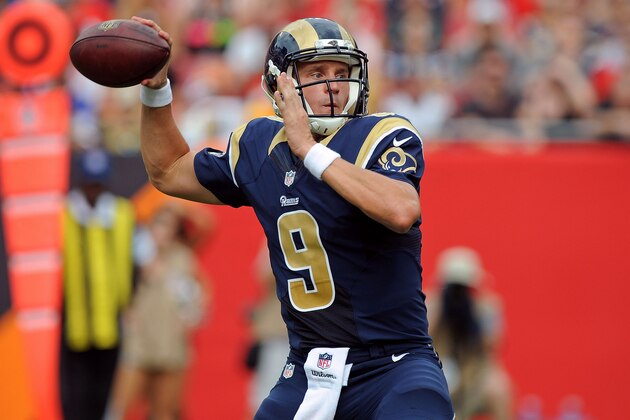 TAMPA, FL - SEPTEMBER 14: Austin Davis #9 of the St. Louis Rams sets to throw during the first half of the game against the Tampa Bay Buccaneers at Raymond James Stadium on September 14, 2014 in Tampa, Florida.  (Photo by Cliff McBride/Getty Images)